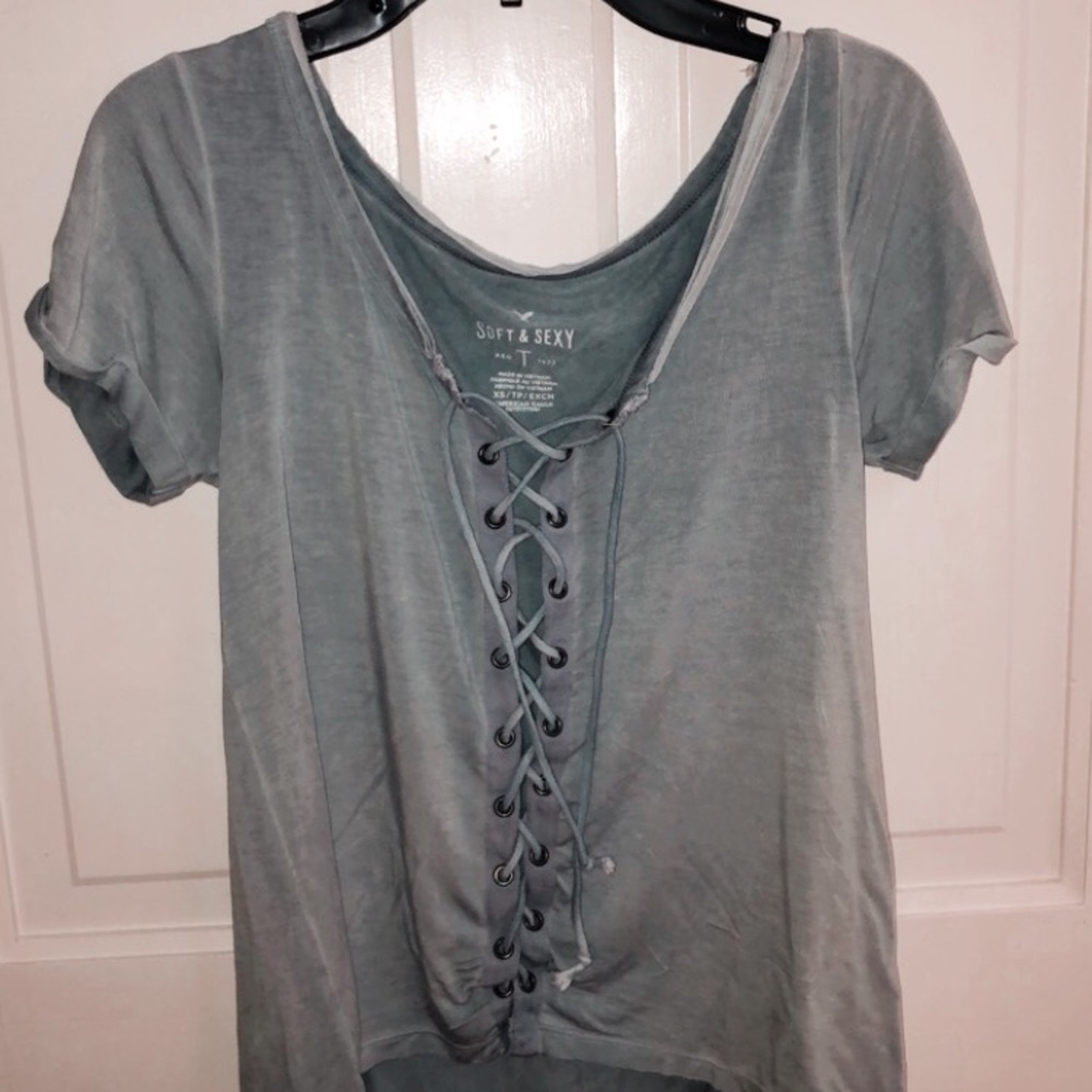 American Eagle Light Blue Lace Up Short Sleeve